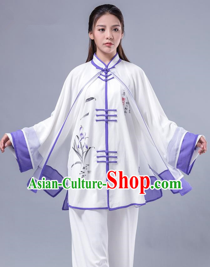 Asian Chinese Martial Arts Traditional Kung Fu Costume Tai Ji Training Group Competition Printing Orchid Purple Uniform for Women