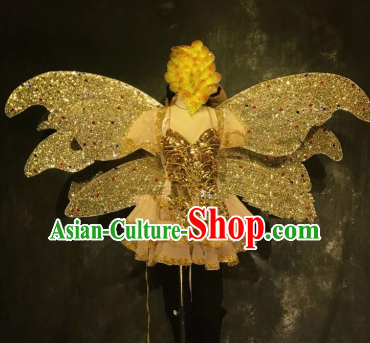 Top Grade Halloween Stage Show Golden Butterfly Wings Dress Brazilian Carnival Modern Fancywork Costume for Women