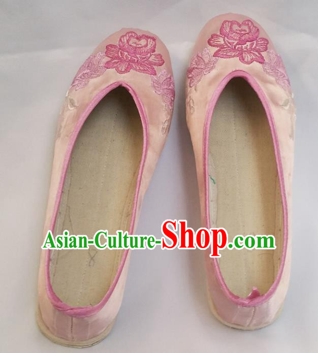 Chinese Ancient Princess Shoes Traditional Cloth Shoes Hanfu Shoes Pink Embroidered Peony Shoes for Women