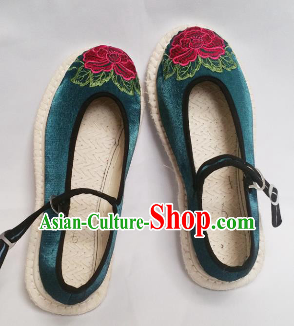 Chinese Ancient Princess Shoes Traditional Cloth Shoes Hanfu Shoes Deep Green Embroidered Shoes for Women