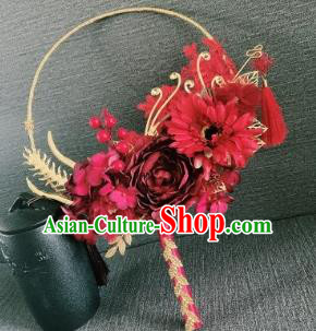 Chinese Traditional Wedding Palace Fans Ancient Bride Red Flowers Phoenix Round Fans for Women