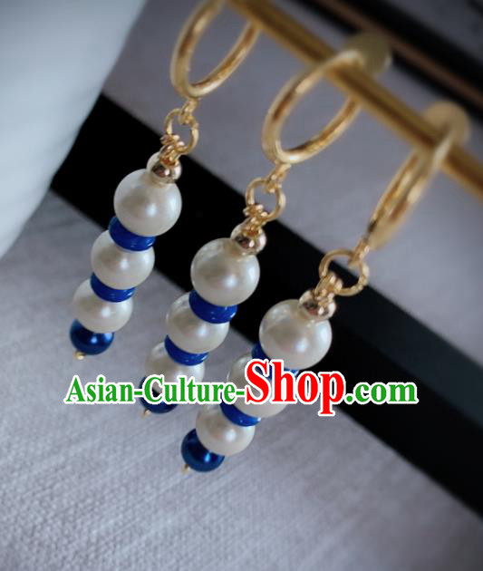 Chinese Traditional Ancient Qing Dynasty Manchu Lady White Beads Earrings for Women