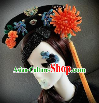 Traditional Chinese Ancient Palace Orange Velvet Chrysanthemum Hair Accessories Qing Dynasty Queen Headwear for Women