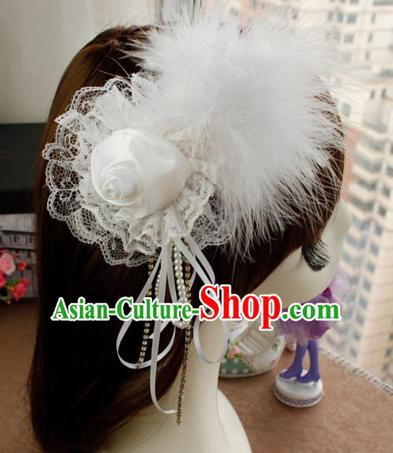 Top Grade Princess White Rose Feather Hair Accessories Bride Hair Stick Headwear for Women