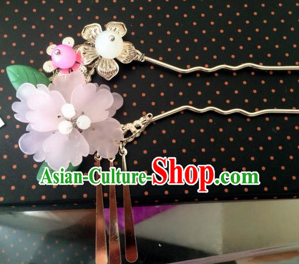 Chinese Ancient Bride Pink Flower Hairpins Traditional Palace Hanfu Tassel Step Shake Hair Accessories for Women