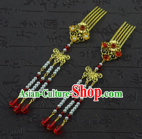 Chinese Ancient Bride Hairpins Traditional Palace Hanfu Tassel Hair Combs Wedding Hair Accessories for Women