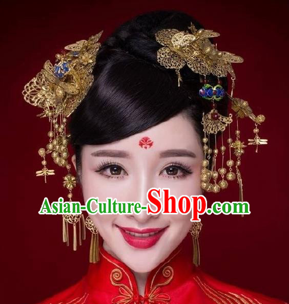 Chinese Ancient Bride Cloisonne Hairpins Traditional Palace Wedding Hair Accessories Complete Set for Women