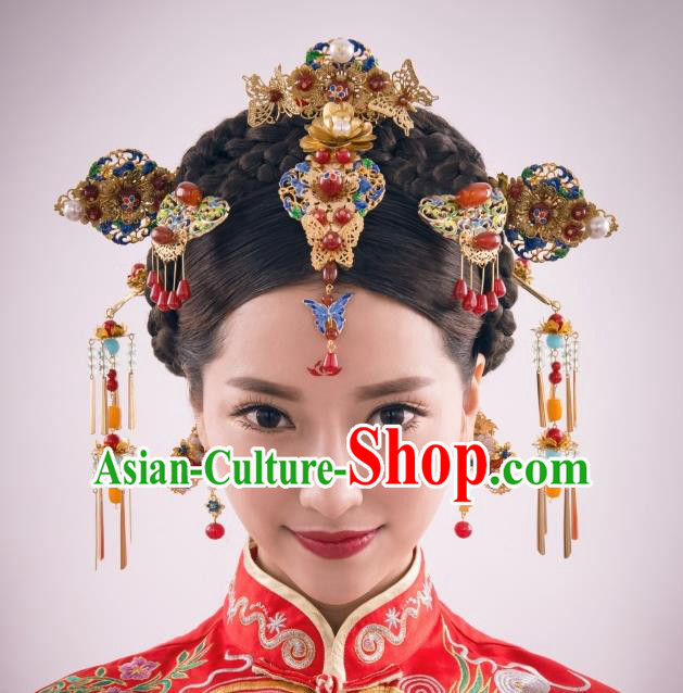 Chinese Ancient Bride Blueing Phoenix Coronet Hairpins Traditional Palace Wedding Hair Accessories Complete Set for Women