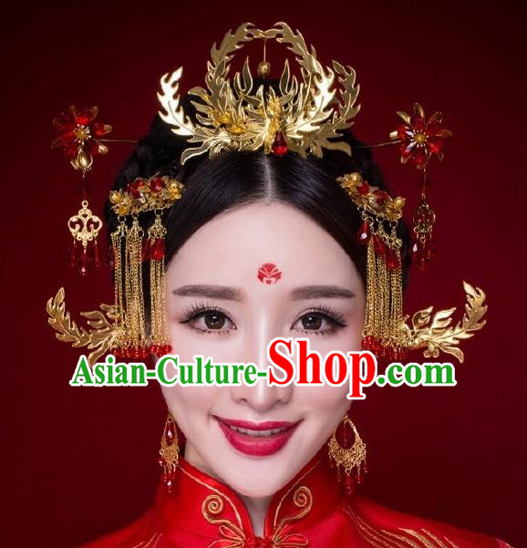 Chinese Ancient Bride Hairpins Phoenix Coronet Traditional Palace Wedding Hair Accessories Complete Set for Women