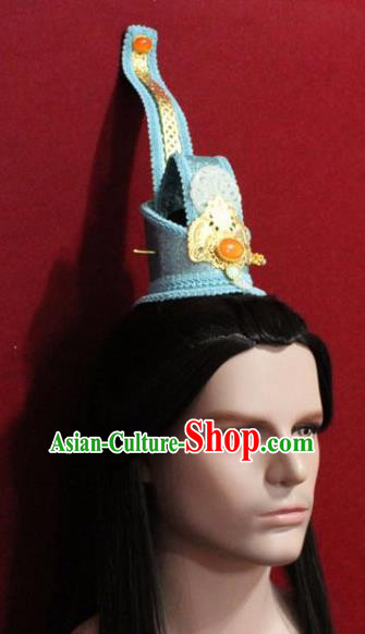 Handmade Chinese Han Dynasty Prince Blue Hairdo Crown Traditional Ancient Swordsman Hair Accessories for Men