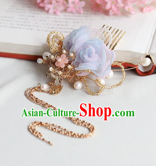 Chinese Ancient Princess Blue Flowers Hair Comb Hairpins Traditional Hanfu Hair Accessories for Women