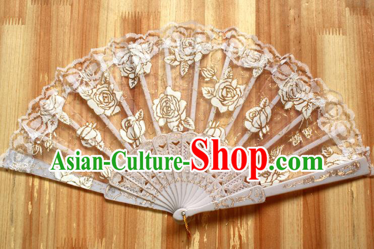 Chinese Handmade Folk Dance White Lace Rose Folding Fans Classical Accordion Fan for Women