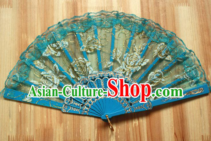 Chinese Handmade Folk Dance Blue Lace Rose Folding Fans Classical Accordion Fan for Women