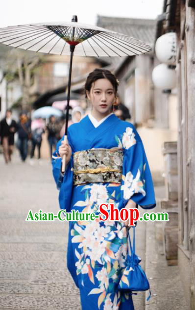 Japanese Handmade Kimono Japan Traditional Yukata Deep Blue Dress for Women