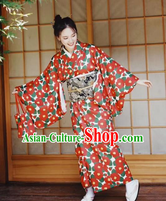 Japanese Handmade Printing Red Kimono Costume Japan Traditional Yukata Dress for Women