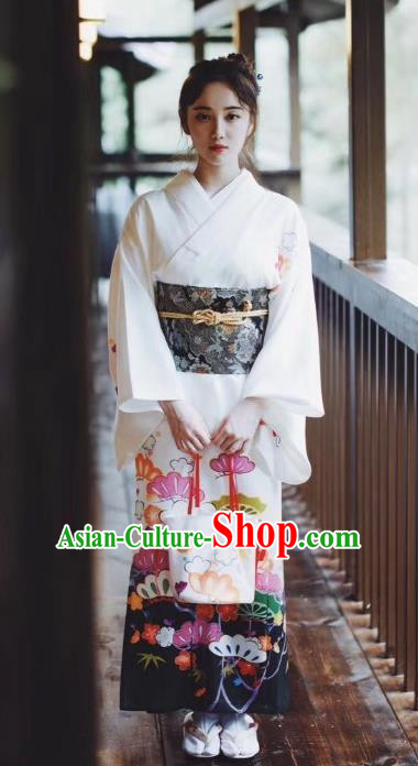 Japanese Handmade Printing White Kimono Costume Japan Traditional Yukata Dress for Women