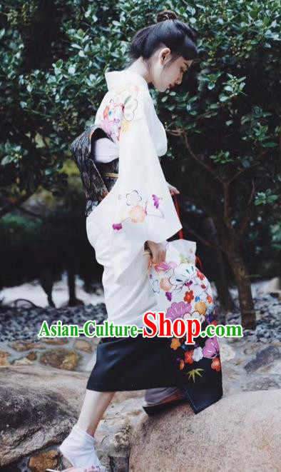 Japanese Handmade Printing White Kimono Costume Japan Traditional Yukata Dress for Women