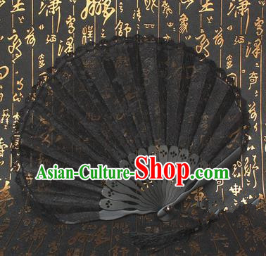 Chinese Handmade Classical Folding Fans Folk Dance Black Lace Accordion Fan for Women