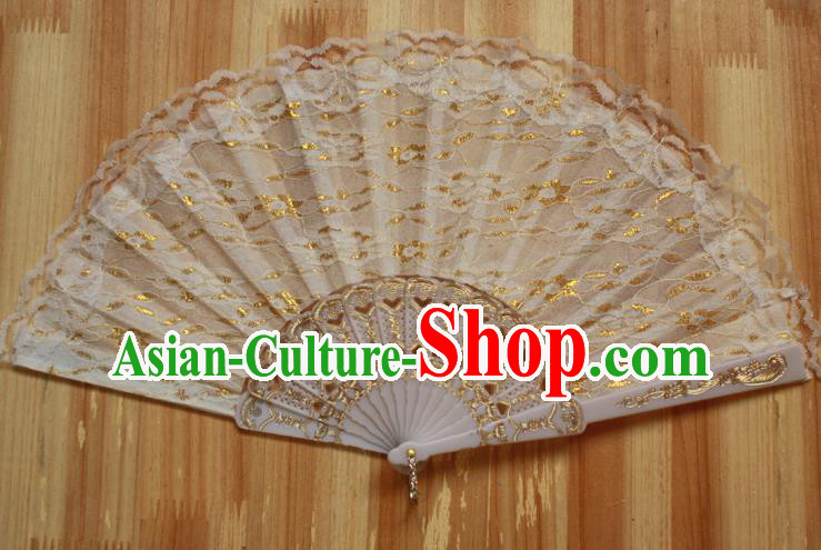 Chinese Handmade Classical White Lace Folding Fans Folk Dance Accordion Fan for Women