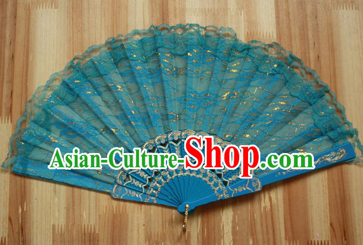 Chinese Handmade Classical Blue Lace Folding Fans Folk Dance Accordion Fan for Women