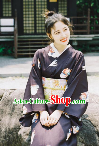 Japanese Handmade Black Kimono Costume Japan Traditional Printing Yukata Dress for Women
