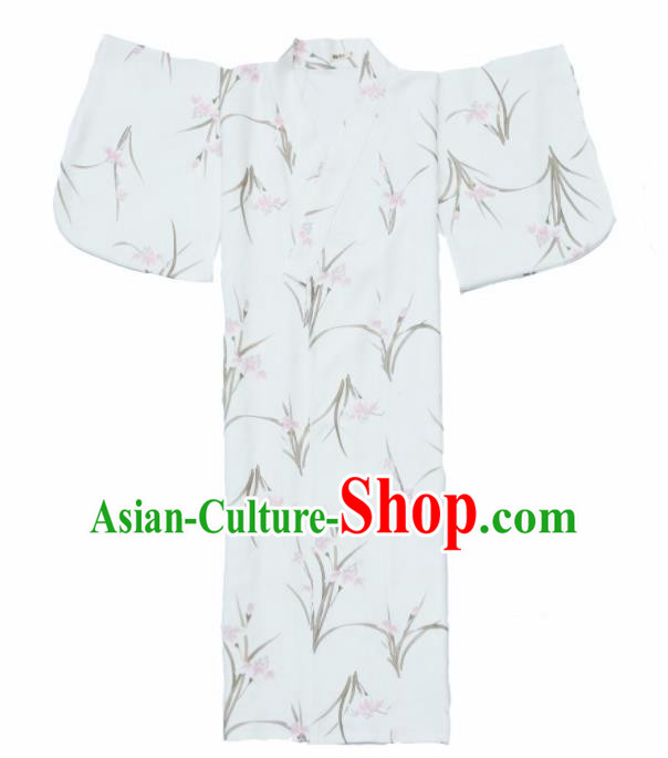 Japanese Handmade White Kimono Costume Japan Traditional Printing Orchid Yukata Dress for Women