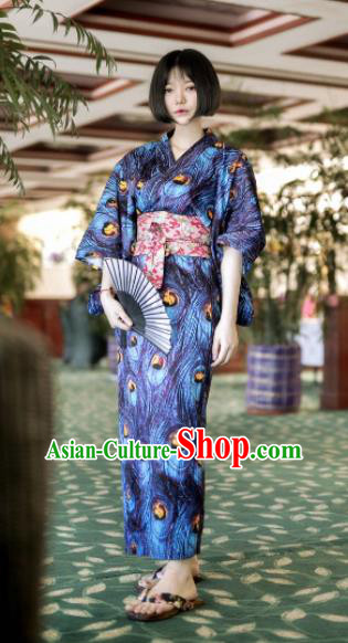 Japanese Handmade Printing Navy Blue Kimono Japan Traditional Yukata Dress Costume for Women