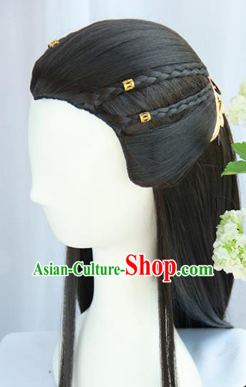 Chinese Traditional Hanfu Wigs Sheath Ancient Swordsman Hairpiece Handmade Chignon for Men