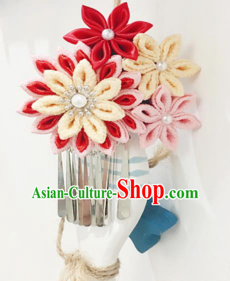 Japan Traditional Yukata Red Flowers Tassel Hair Claw Japanese Handmade Kimono Hair Accessories for Women