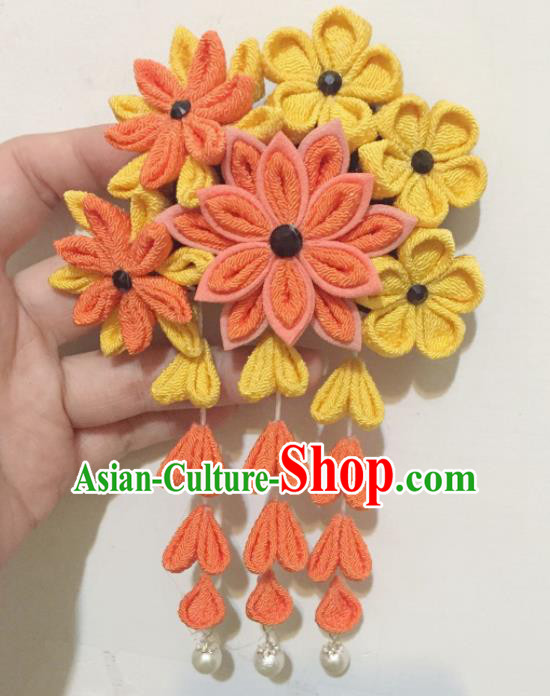 Japan Traditional Yukata Orange Flowers Tassel Hair Claw Japanese Handmade Kimono Hair Accessories for Women