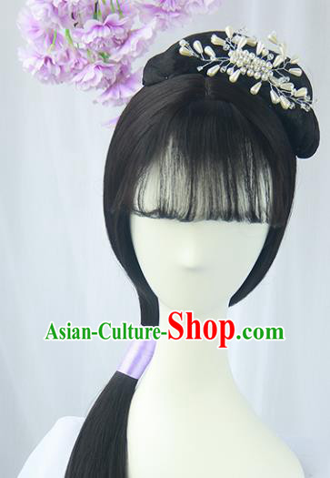 Handmade Chinese Ancient Ming Dynasty Maidservants Headpiece Chignon Traditional Hanfu Wigs Sheath for Women