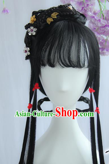 Handmade Chinese Ancient Song Dynasty Young Lady Headpiece Chignon Traditional Hanfu Wigs Sheath for Women