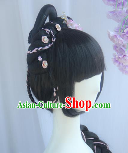 Handmade Chinese Ancient Maidservants Headpiece Chignon Traditional Hanfu Wigs Sheath for Women