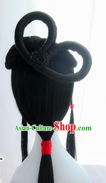 Handmade Chinese Ancient Headpiece Chignon Traditional Hanfu Blunt Bangs Wigs Sheath for Women