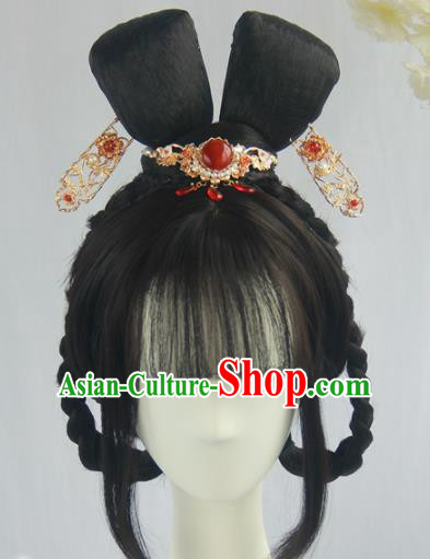 Handmade Chinese Ancient Song Dynasty Princess Headpiece Chignon Traditional Hanfu Blunt Bangs Wigs Sheath for Women
