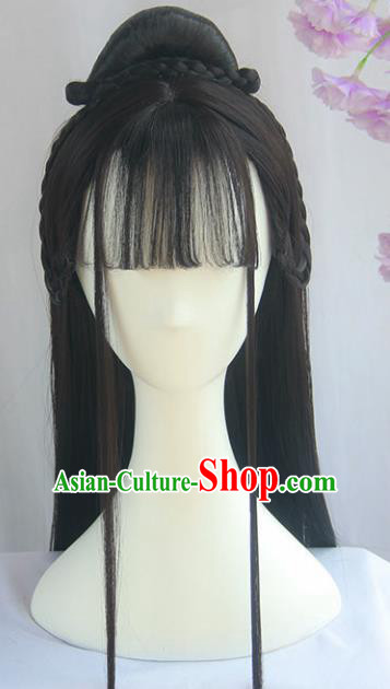 Handmade Chinese Ancient Song Dynasty Headpiece Chignon Traditional Hanfu Blunt Bangs Wigs Sheath for Women