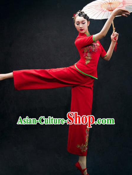 Chinese Folk Dance Yangko Red Costume Traditional Fan Dance Clothing for Women