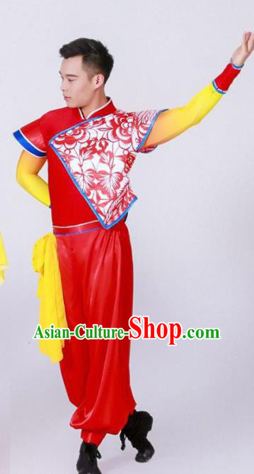 Chinese Folk Dance Yangko Stage Performance Costume Traditional Drum Dance Red Clothing for Men