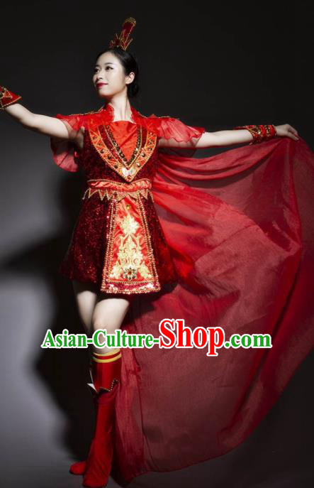 Chinese Traditional Stage Performance Costume Folk Dance Drum Dance Red Dress for Women