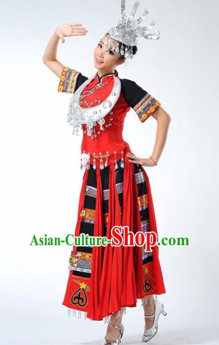 Chinese Traditional Miao Nationality Ethnic Dance Costume Minority Folk Dance Red Dress for Women
