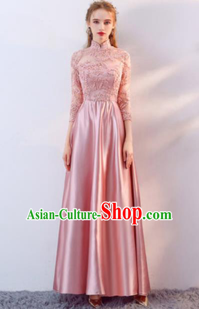 Top Grade Compere Stage Performance Pink Lace Full Dress Modern Fancywork Modern Dance Costume for Women