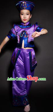 Chinese Daur Nationality Stage Performance Costume Traditional Ethnic Minority Purple Clothing for Kids