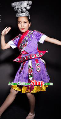 Chinese Miao Nationality Ethnic Stage Performance Purple Costume Traditional Minority Folk Dance Clothing for Kids