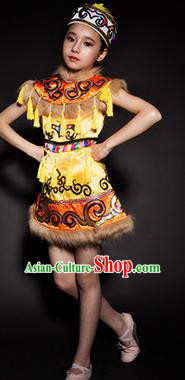 Chinese Hezhen Nationality Ethnic Yellow Costume Traditional Minority Folk Dance Stage Performance Clothing for Kids