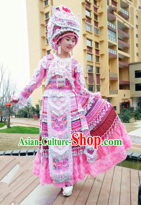 Traditional Chinese Minority Ethnic Folk Dance Bride Pink Dress Miao Nationality Stage Performance Costume and Hat for Women