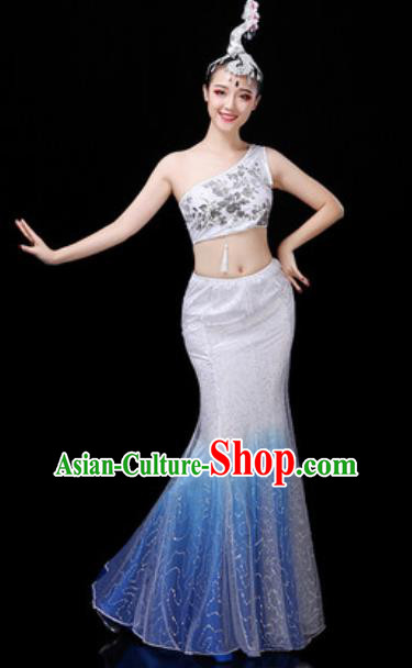 Traditional Chinese Minority Ethnic Peacock Dance White Dress Dai Nationality Stage Performance Costume for Women