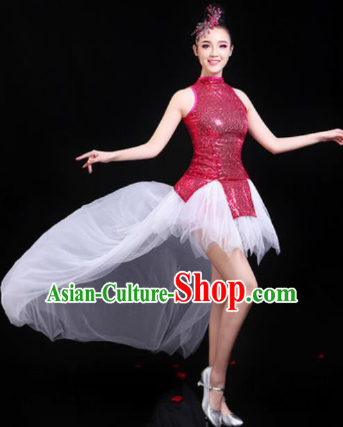 Traditional Chinese Opening Dance Rosy Paillette Short Dress Modern Dance Stage Performance Costume for Women