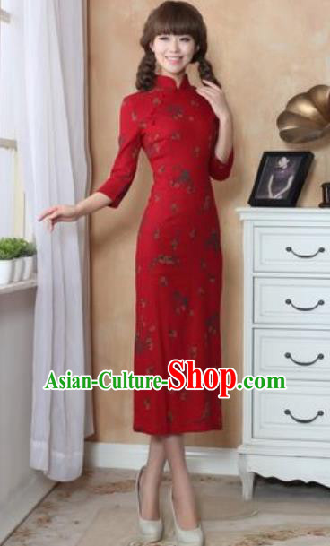 Chinese Traditional Tang Suit Costume National Red Cheongsam Qipao Dress for Women