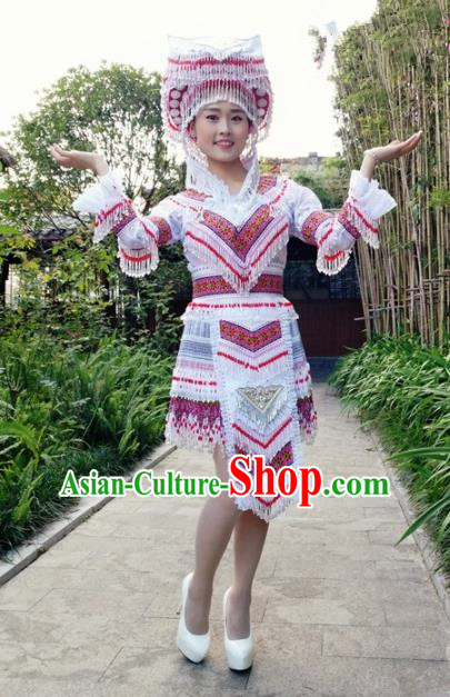 Traditional Chinese Miao Nationality Short Dress and Hat Minority Ethnic Folk Dance Costume for Women