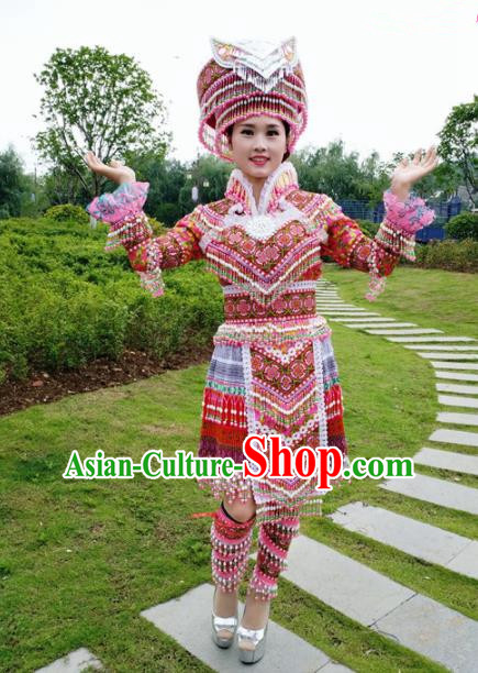 Traditional Chinese Miao Nationality Red Short Pleated Dress Minority Ethnic Folk Dance Costume and Hat for Women